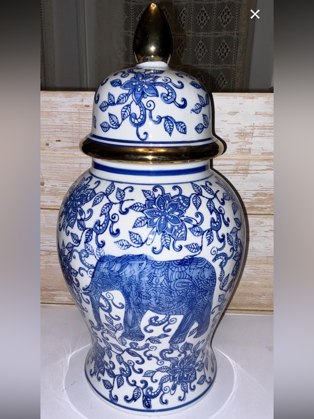 Blue and White Elephant Ginger Jar with Gold Accent - Home Accents